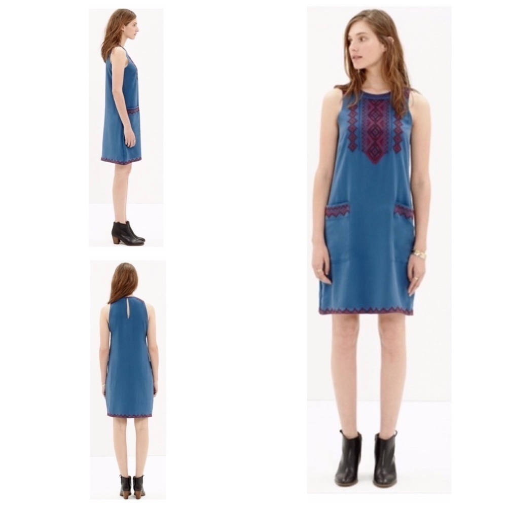 EUC Madewell 100% Silk Embroidered Pockets Blue Shift Tunic Mini Dress XS